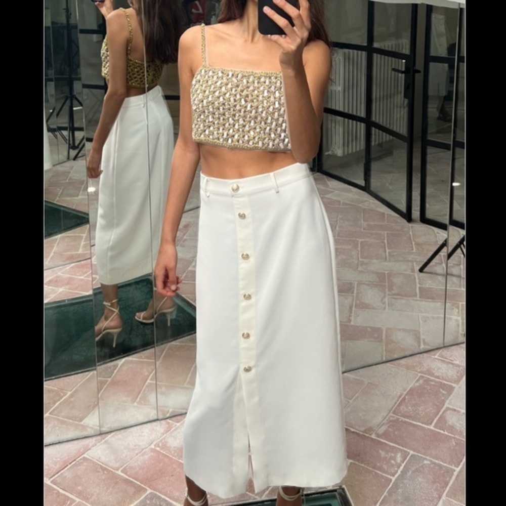 Zara NWT gold button midi skirt white